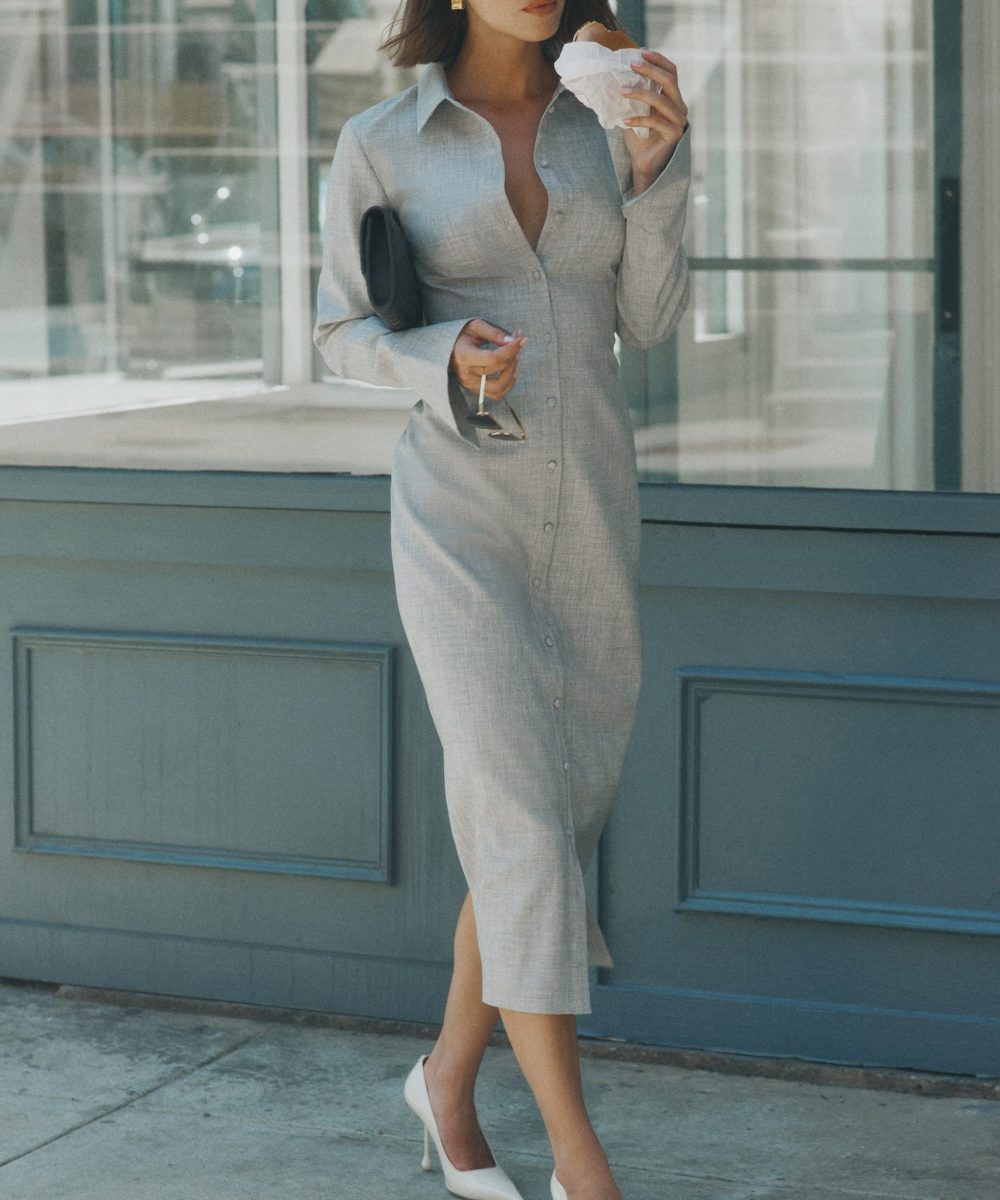 Dorian Fitted Shirt Midi Dress - Charcoal Marle