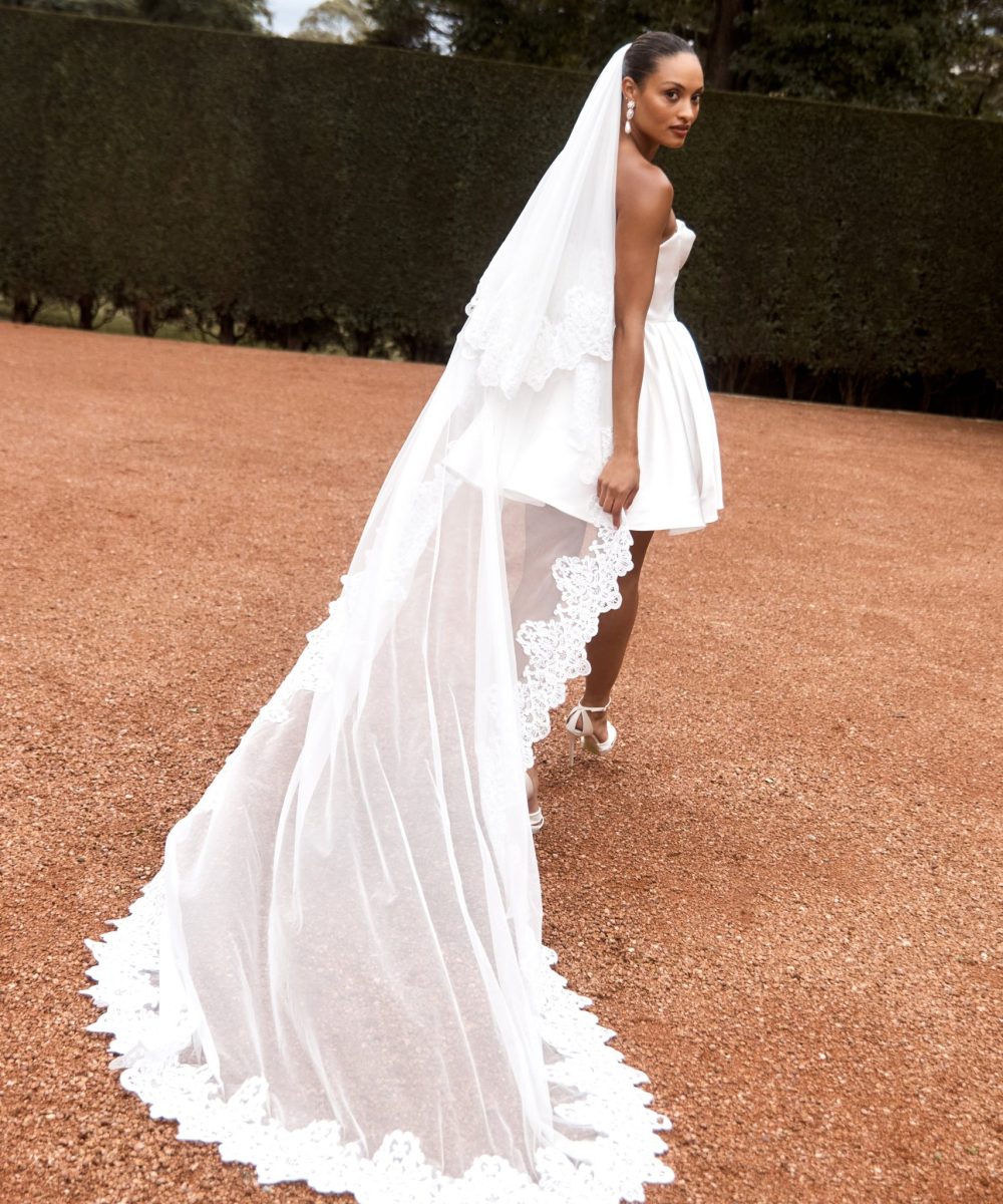 Paulette Lace Trim Veil - White