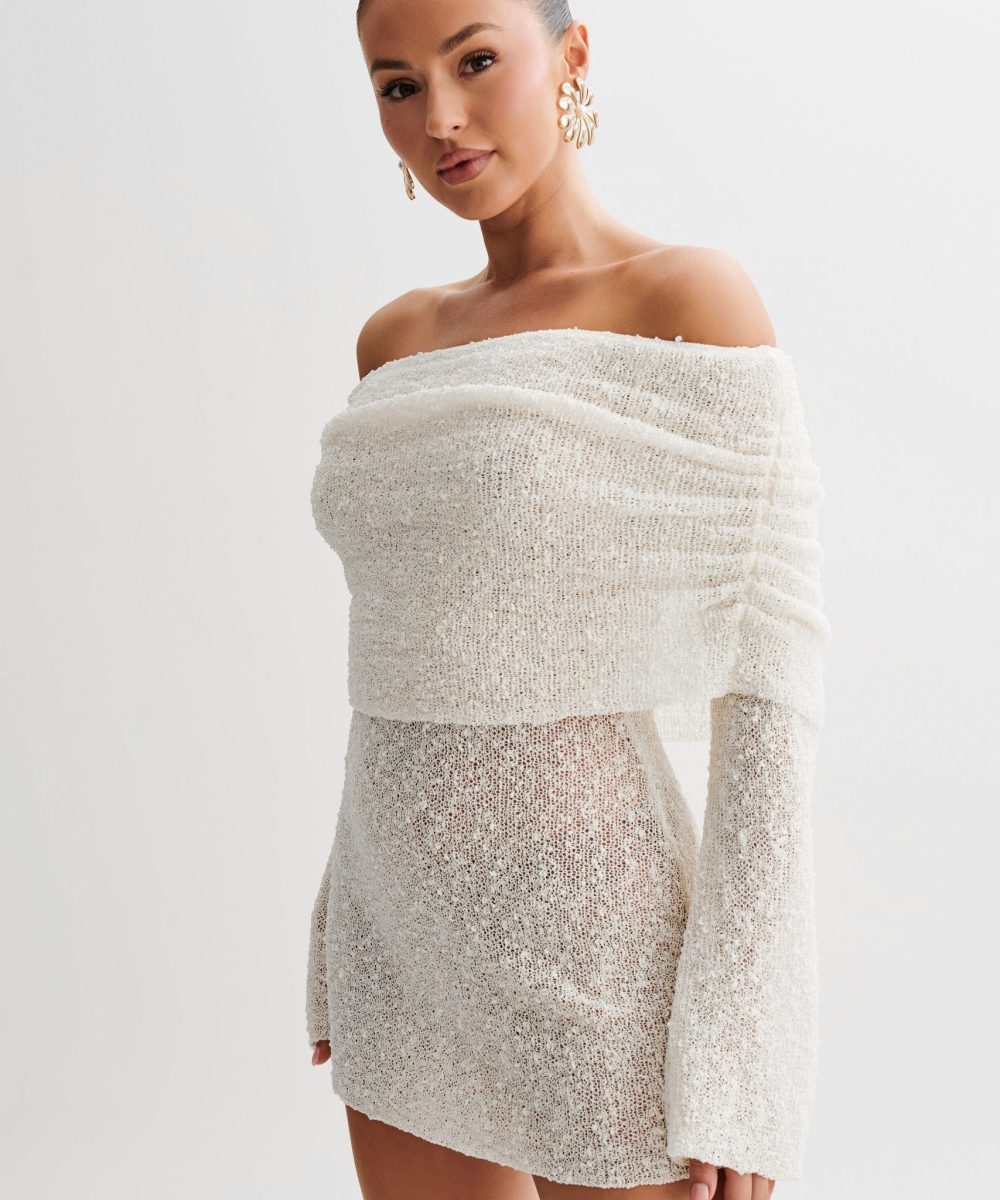 Marisol Off Shoulder Boucle Mini Dress - Ivory