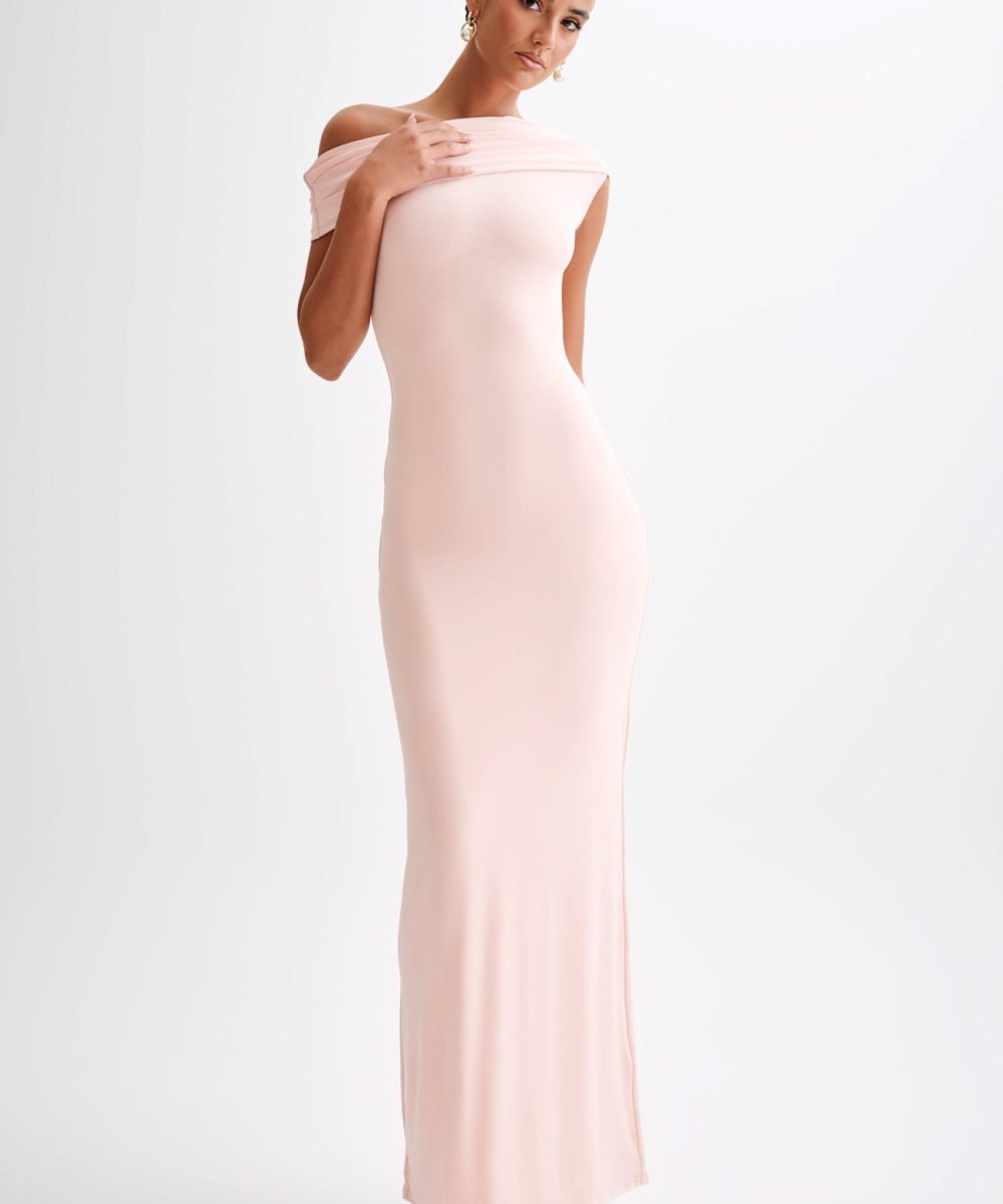 Cassandra Off Shoulder Slinky Maxi Dress - Pale Pink