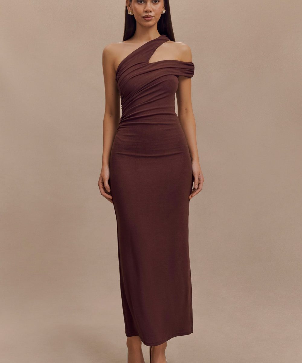 Anastasia One Shoulder Modal Midi Dress - Mahogany