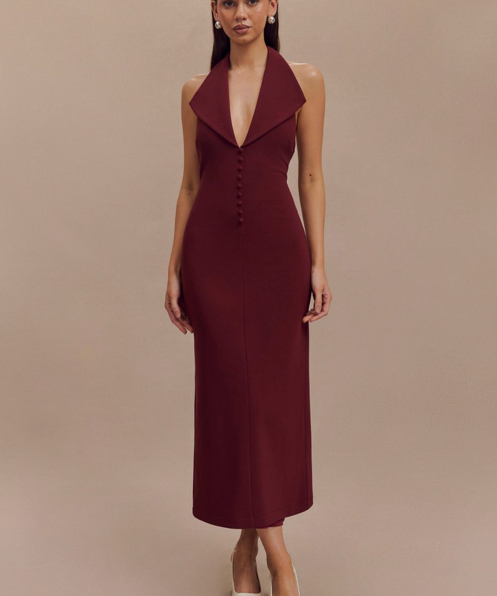 Annita Crepe Halter Midi Dress - Merlot