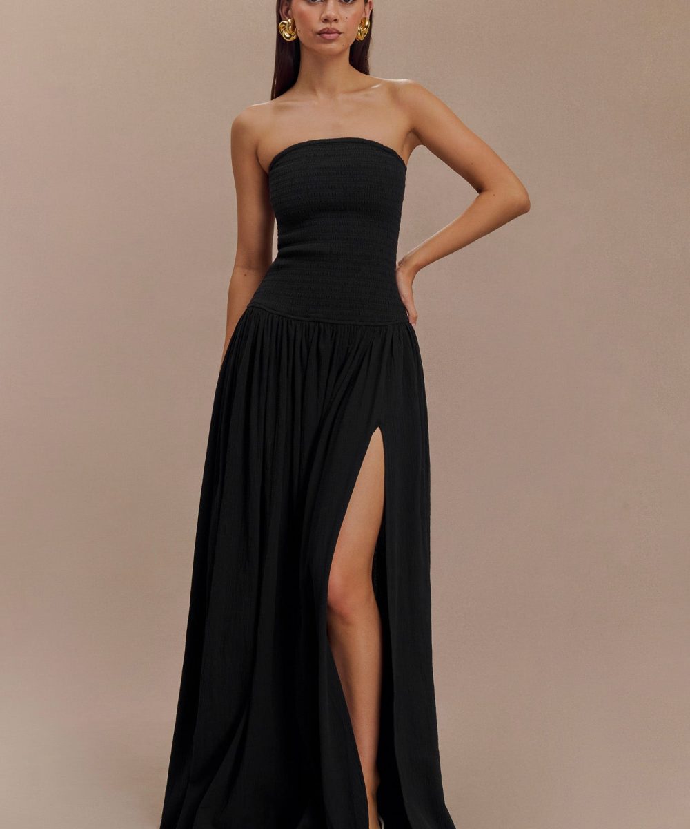 Maureen Cotton Shirring Maxi Dress - Black