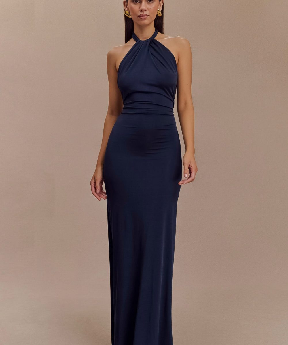 Elyna Slinky Halter Maxi Dress - Navy