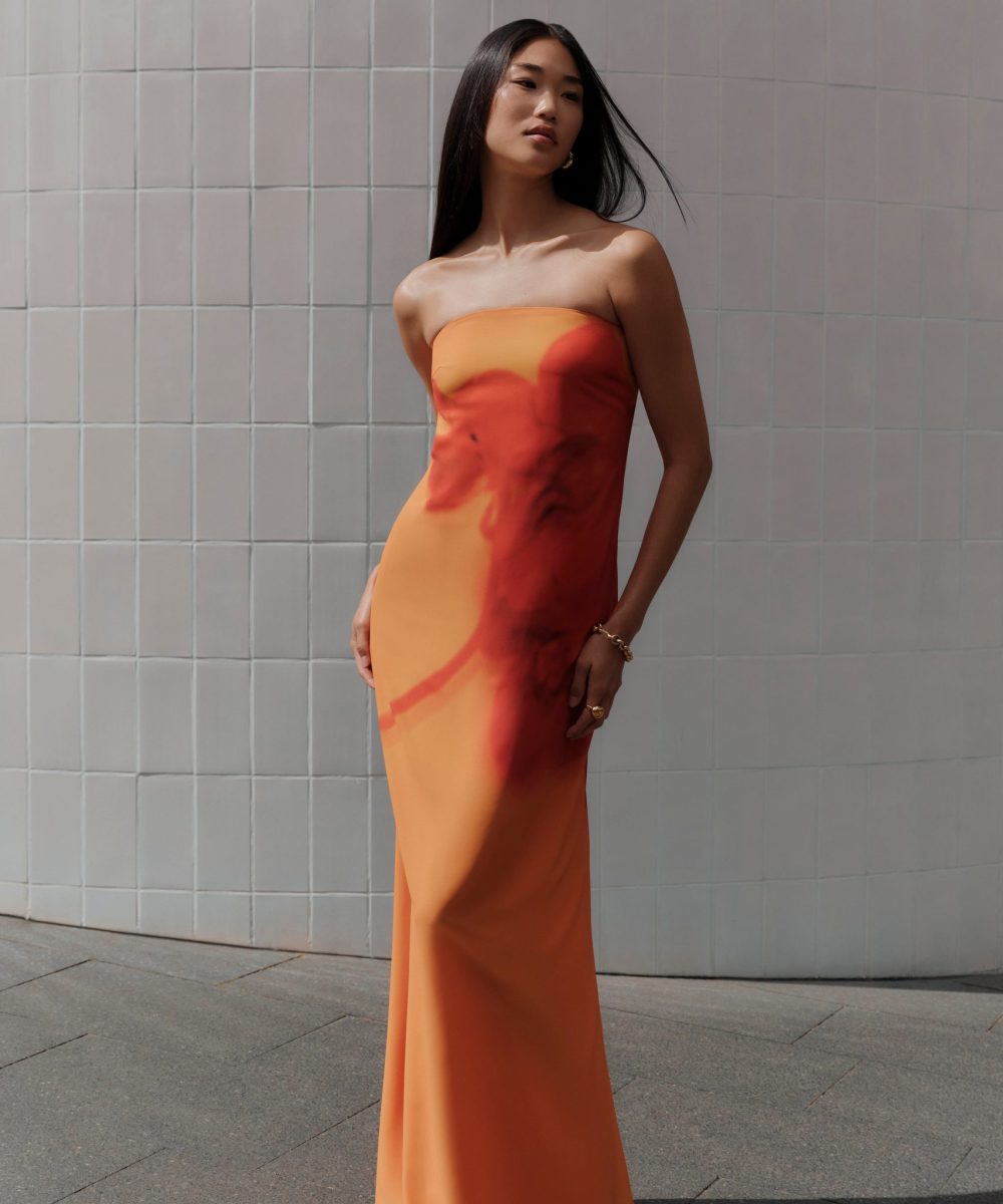 Amaya Strapless Chiffon Maxi Dress - Koi Orchid Print
