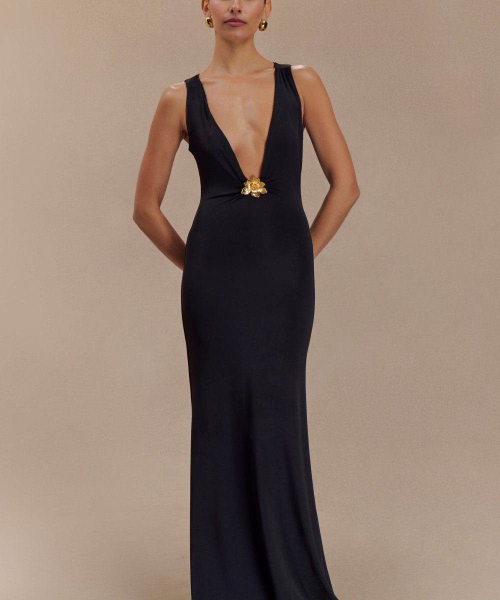 Beck Plunge Maxi Dress With Floral Hardware - Black