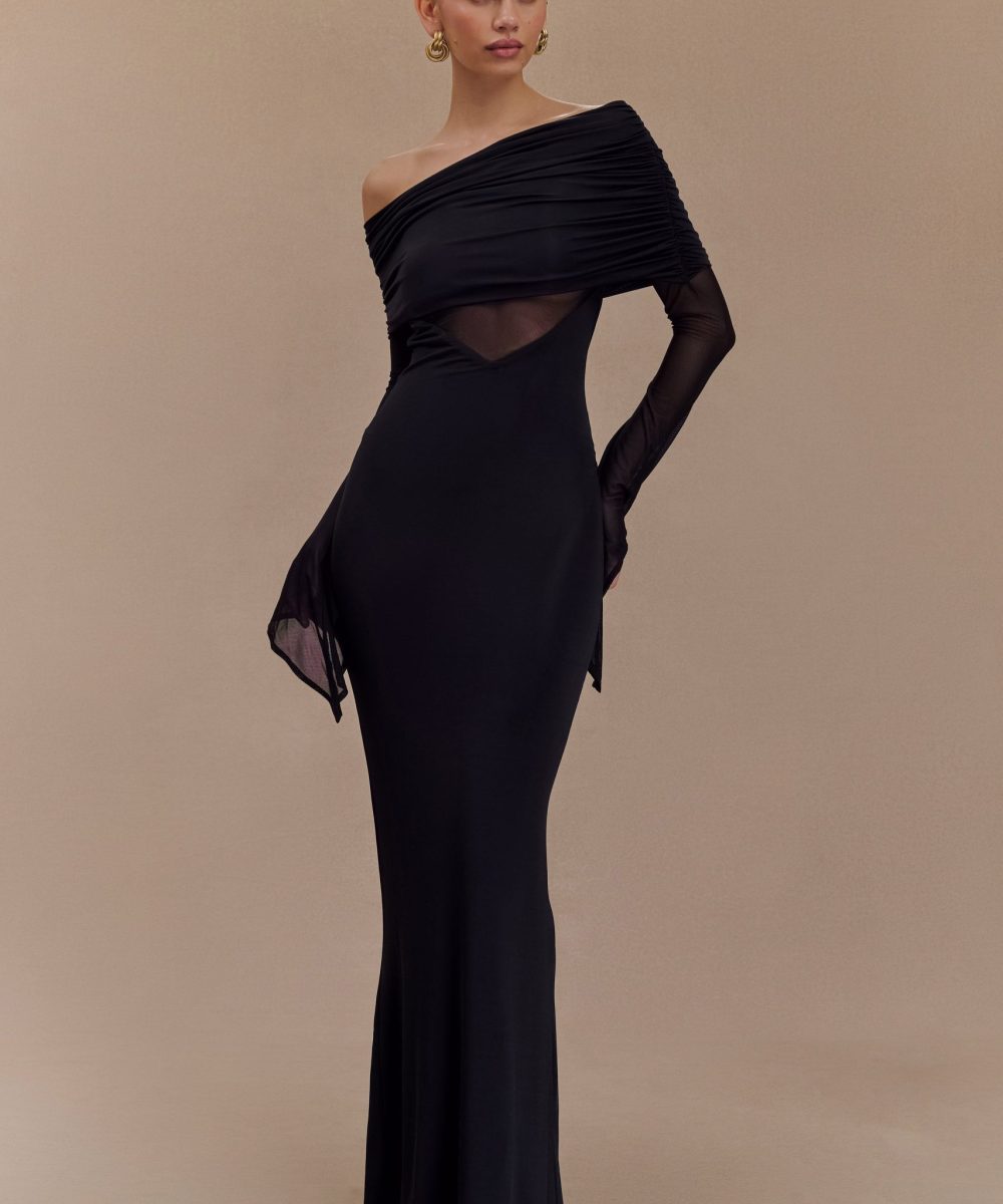 Kaitlin One Shoulder Slinky And Mesh Maxi Dress - Black