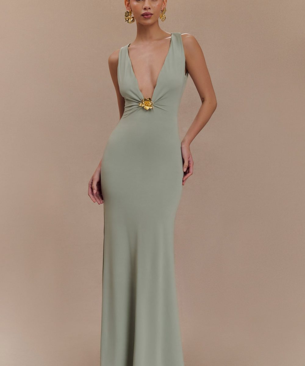 Beck Plunge Maxi Dress With Floral Hardware - Basil