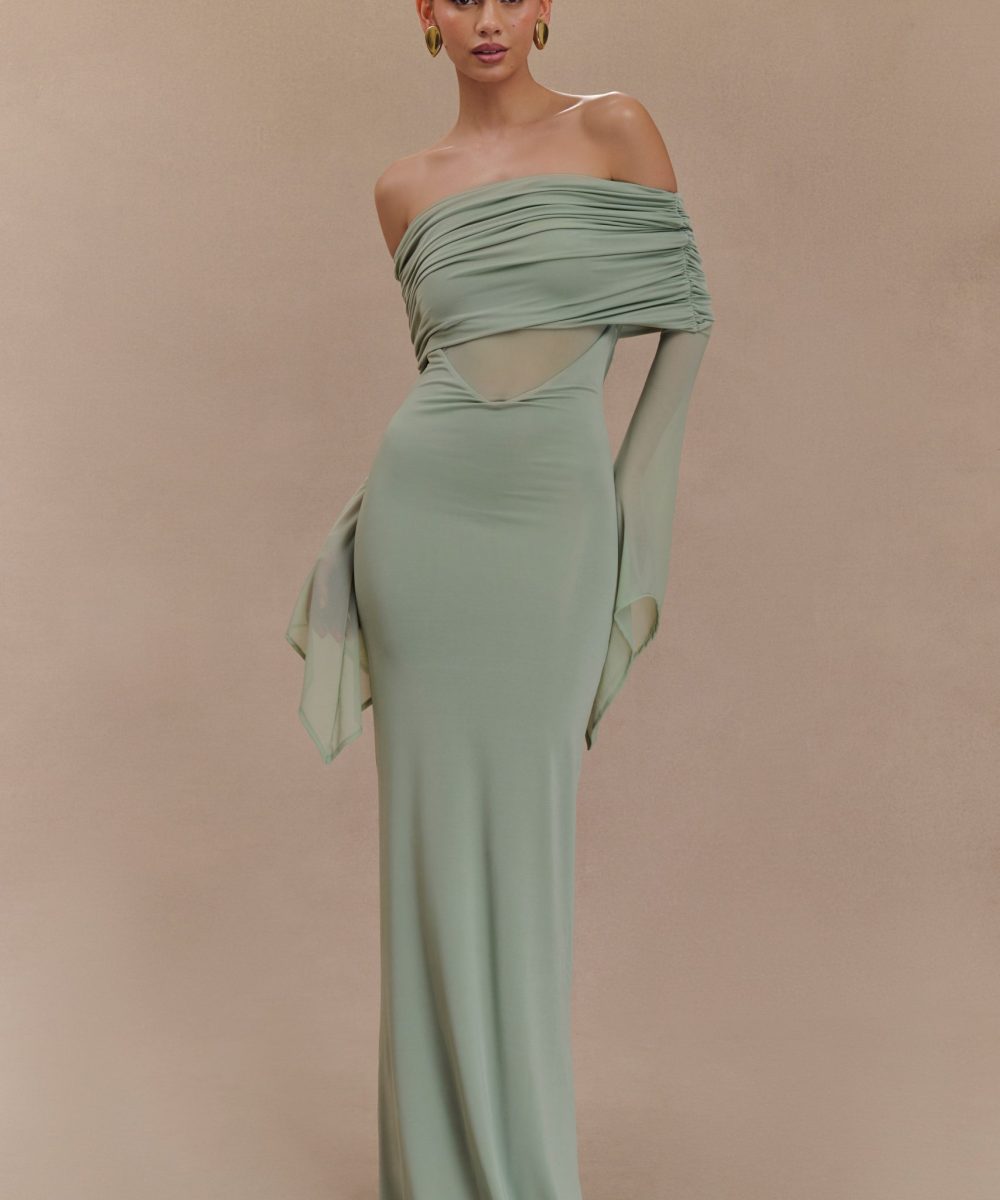 Kaitlin One Shoulder Slinky And Mesh Maxi Dress - Basil