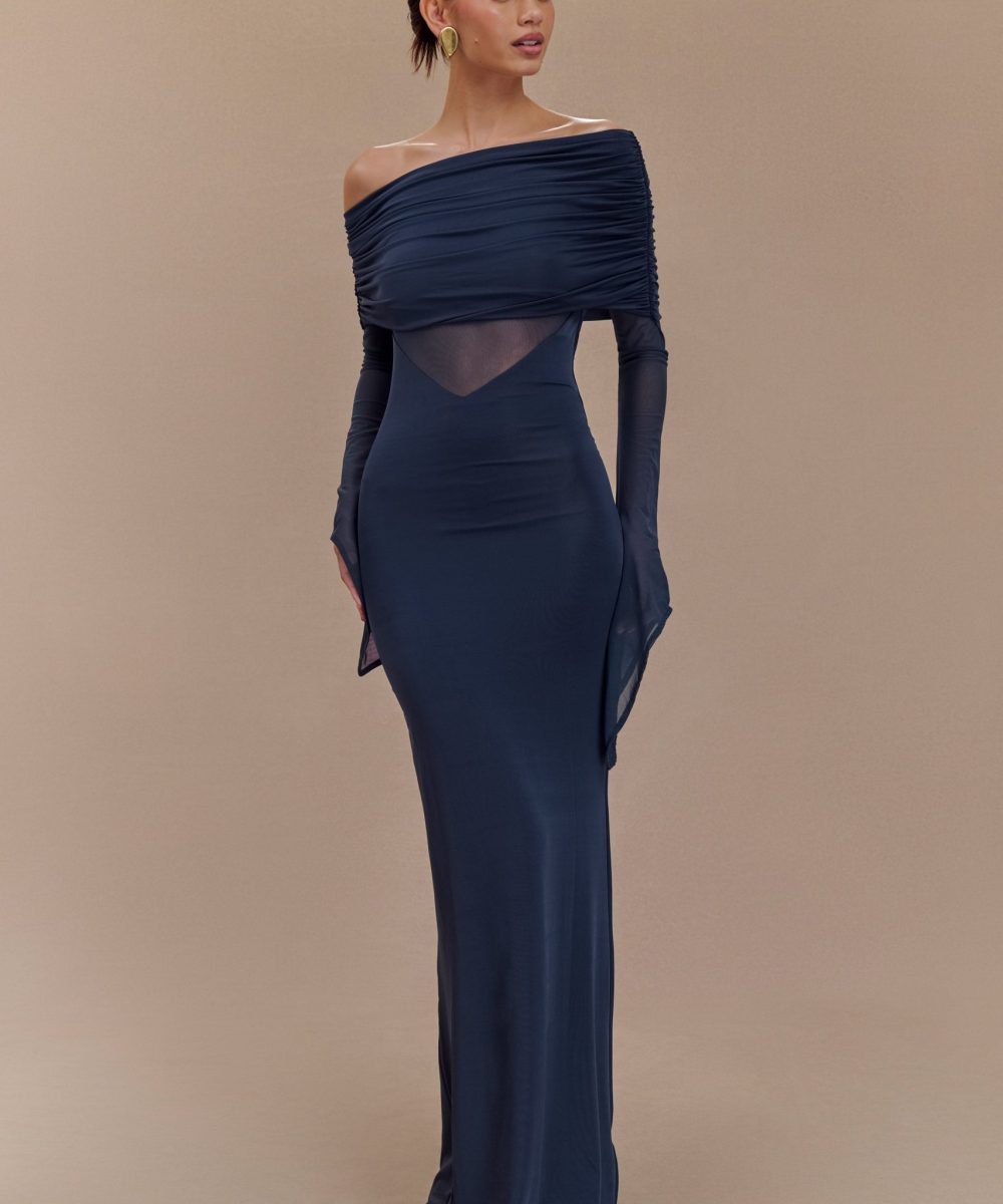 Kaitlin One Shoulder Slinky And Mesh Maxi Dress - Midnight Blue