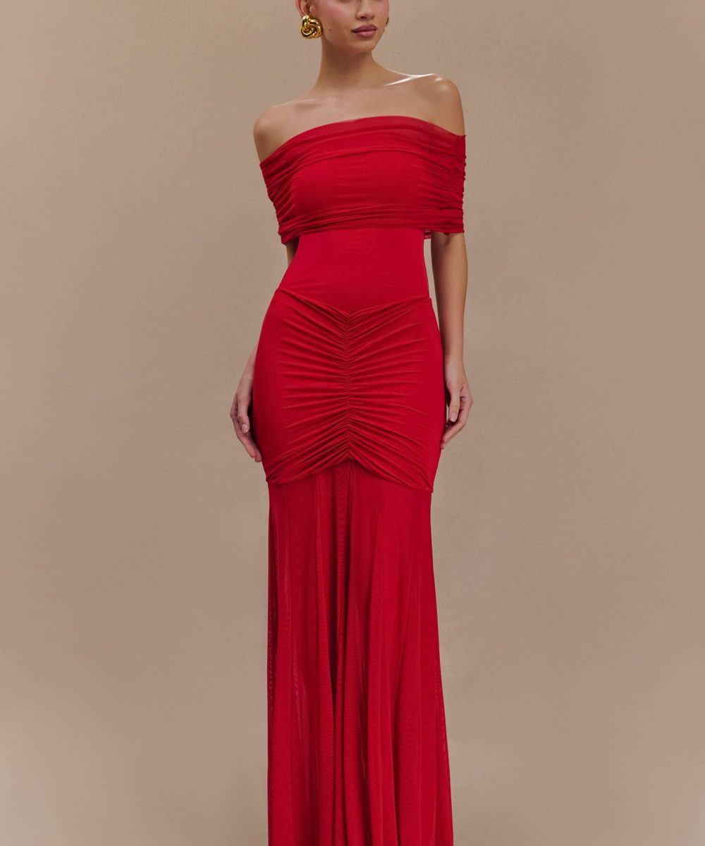 Caspian Slinky And Mesh Off Shoulder Maxi Dress - Ruby