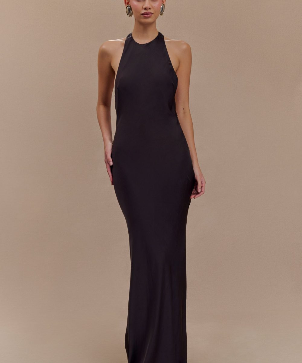 Rinna Satin Halter Maxi Dress - Black