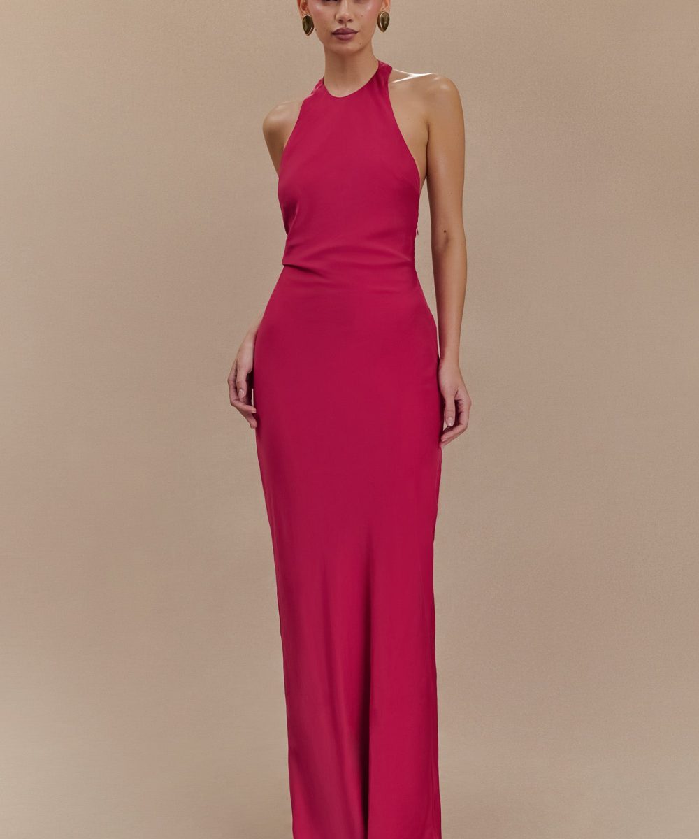 Rinna Satin Halter Maxi Dress - Pink Cherry