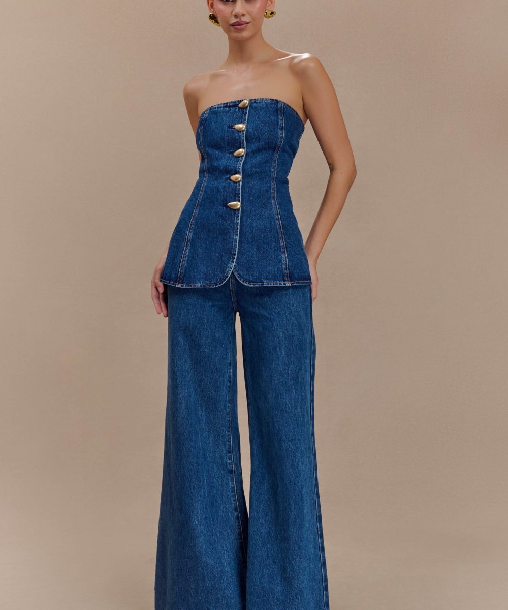 Jen Wide Leg Flare Denim Jeans - Dark Blue