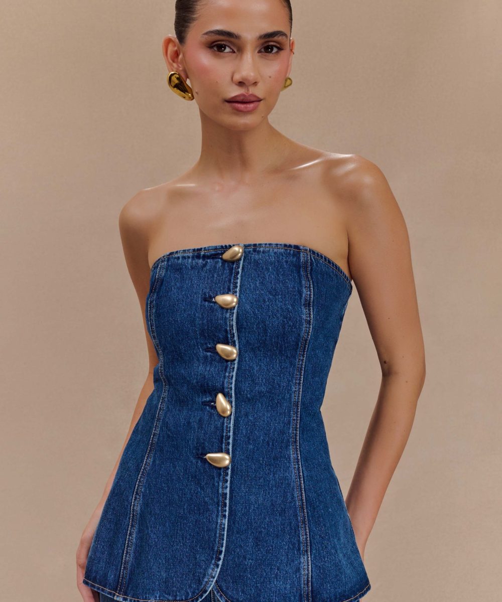 Lennox Strapless Long Line Button Top - Dark Blue