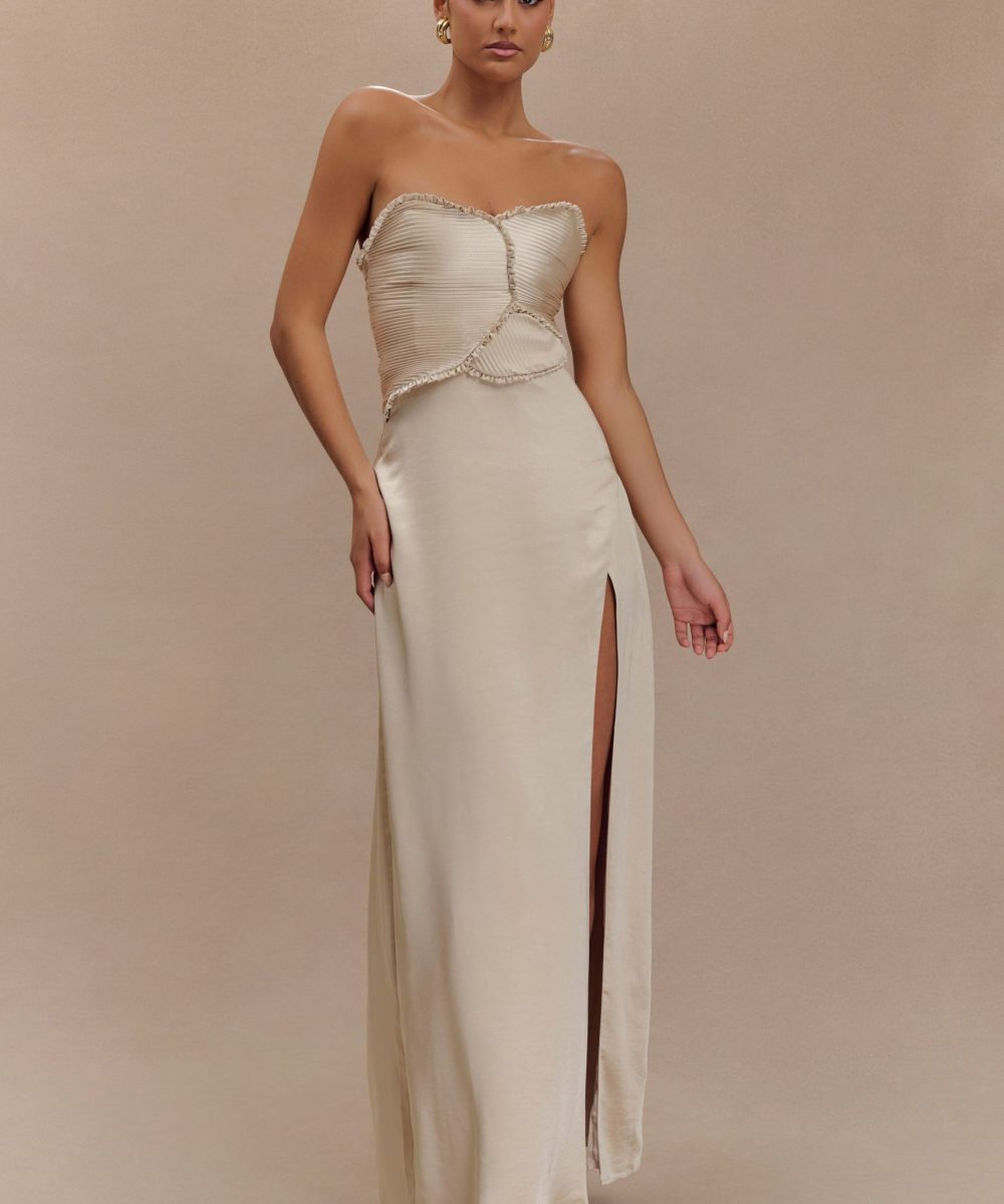 Larissa Satin Maxi Dress With Ruched Petals - Blush Gold