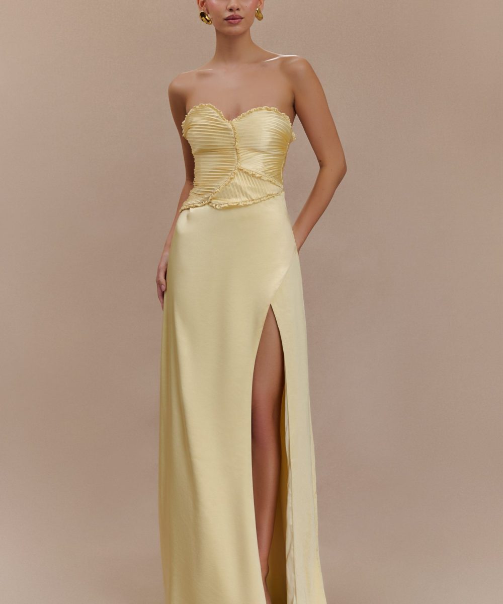 Larissa Satin Maxi Dress With Ruched Petals - Lemon