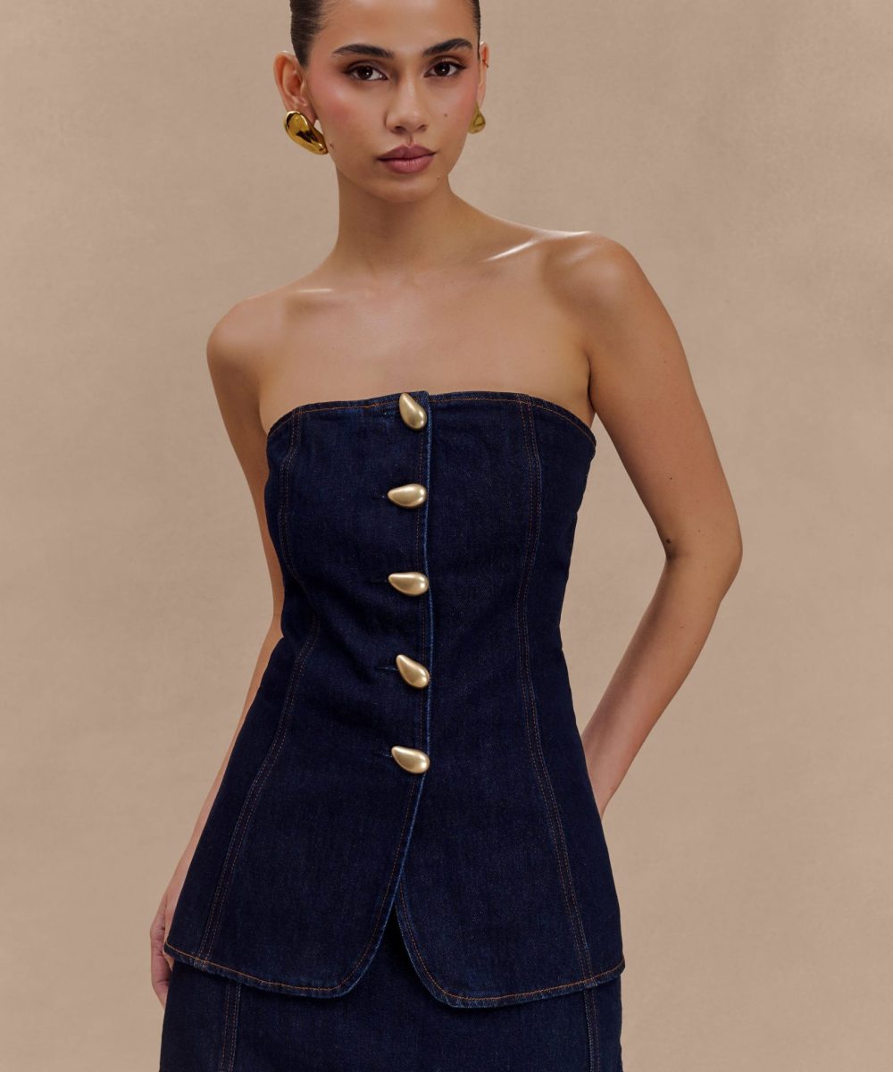 Lennox Strapless Long Line Button Top - Indigo Blue