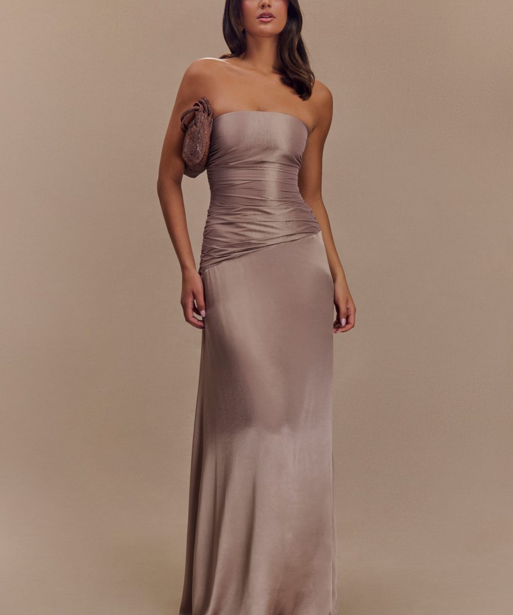 Serena Strapless Taffeta Maxi Dress - Bronze Taupe