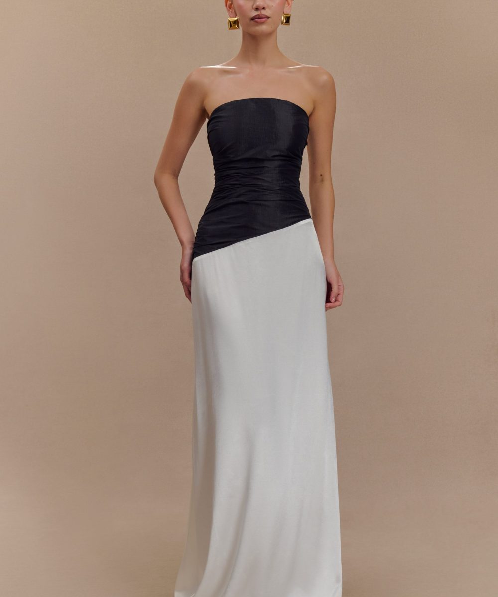 Serena Strapless Taffeta Maxi Dress - White/Black