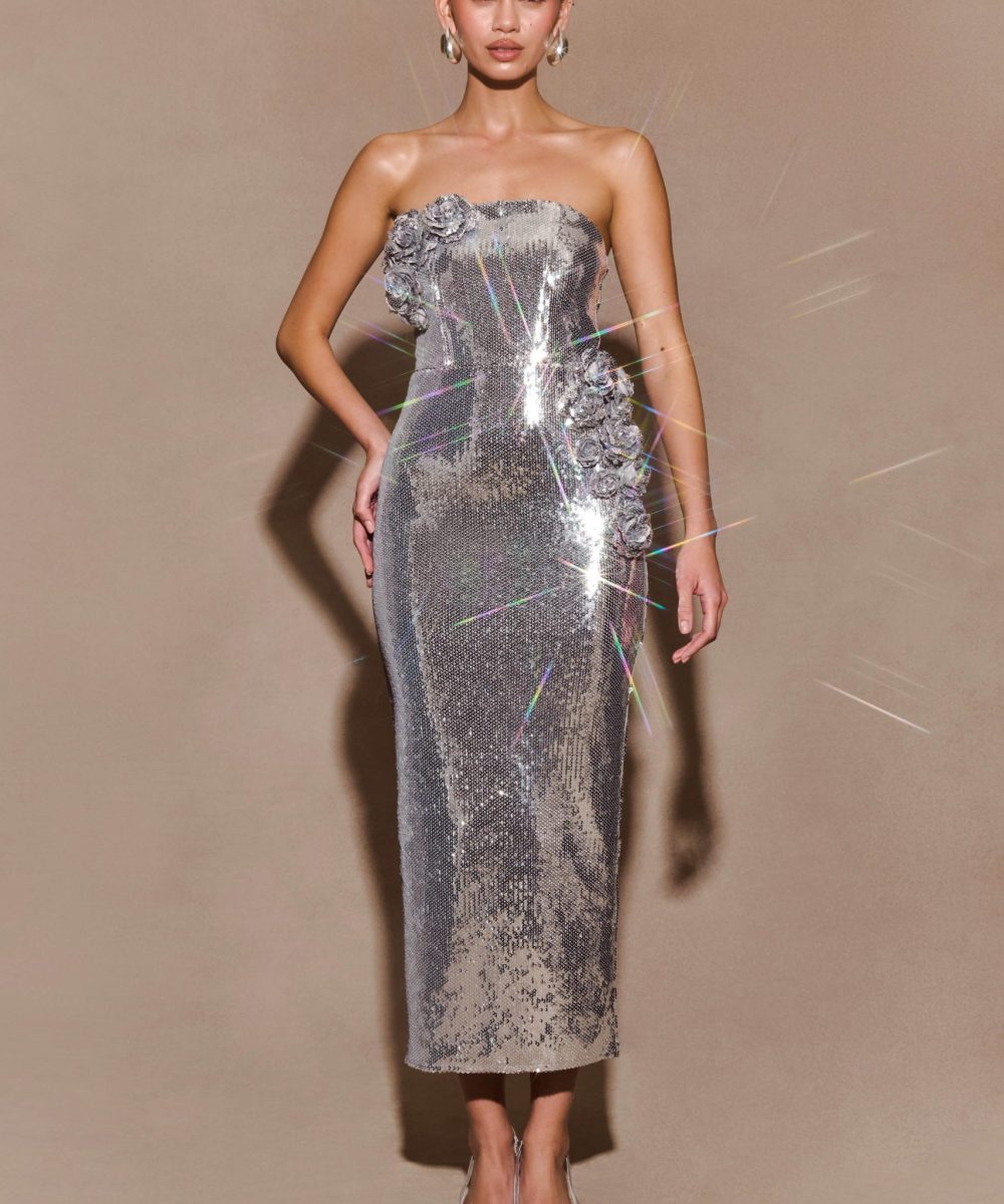Cassia Strapless Sequin Rose Midi Dress - Silver