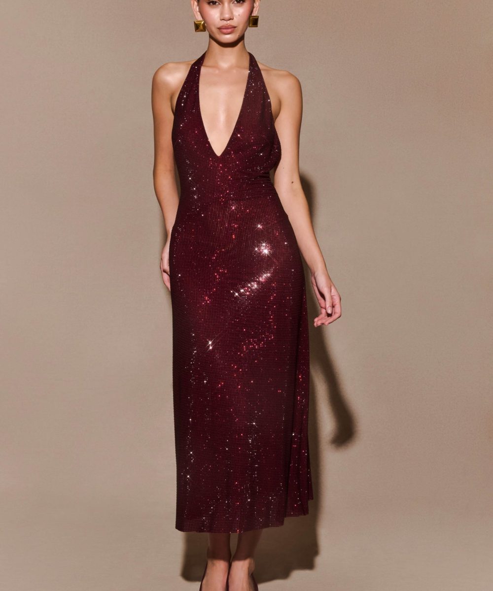 Genie Diamante Halter Midi Dress - Mahogany