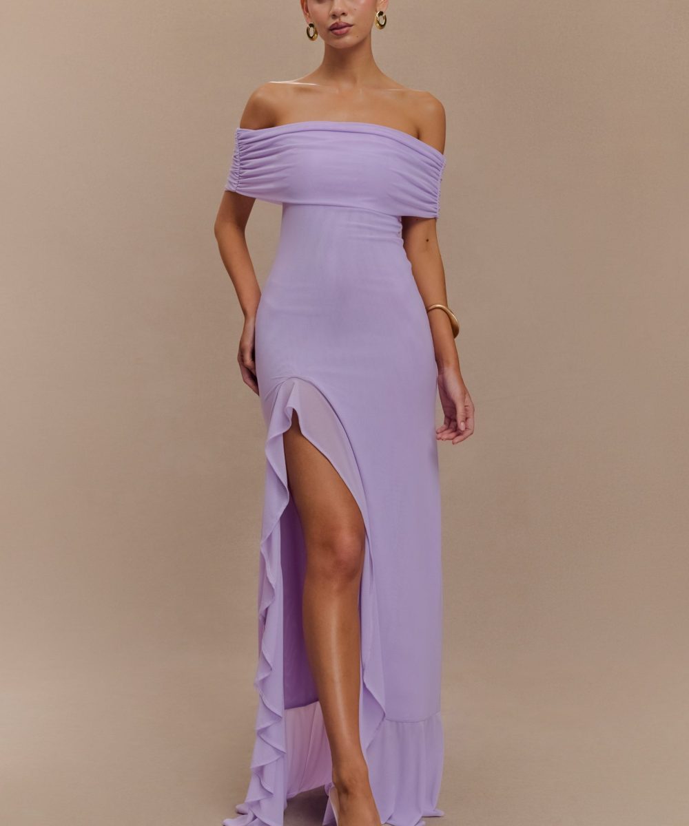 Audrey Off Shoulder Mesh Maxi Dress - Lilac