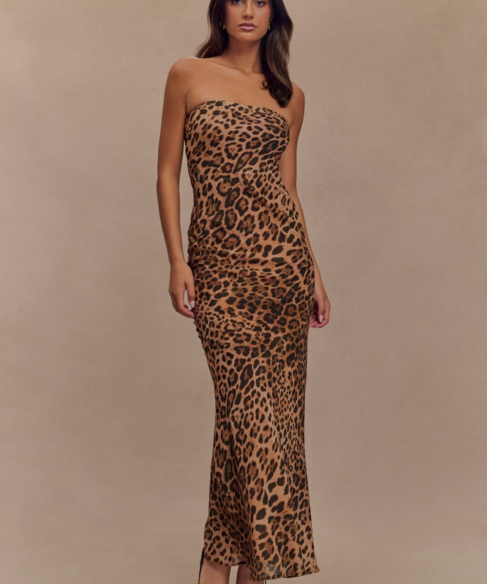 Breanna Strapless Chiffon Maxi Dress - Leopard Print