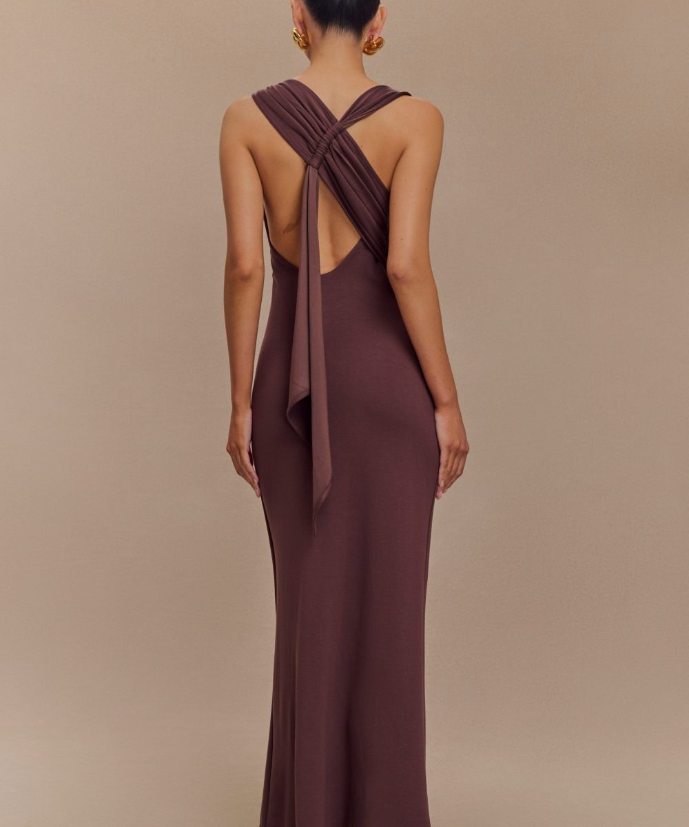 Catelyn Asymmetrical Scuba Jersey Midi Dress - Cacao Brown