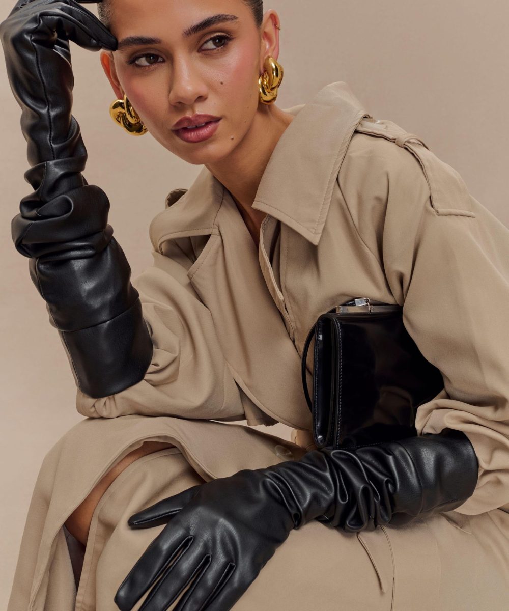 Jasper Faux Leather Elbow Length Gloves - Black