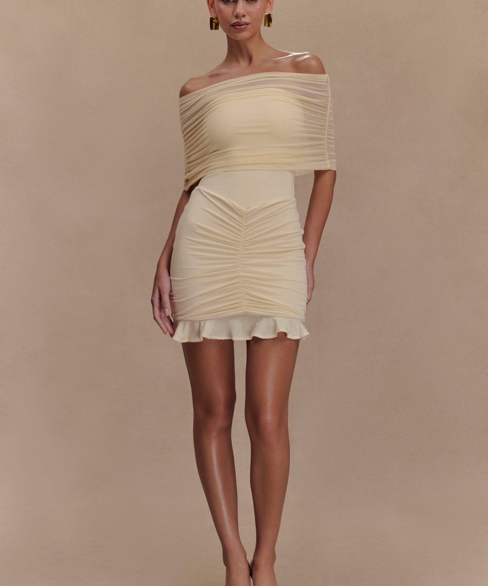 Caspian Slinky And Mesh Off Shoulder Mini Dress - Ivory