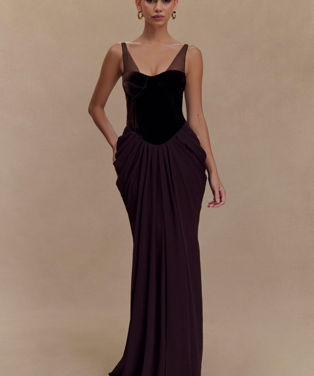 Roxanne Velvet Corset Maxi Dress - Cacao Brown