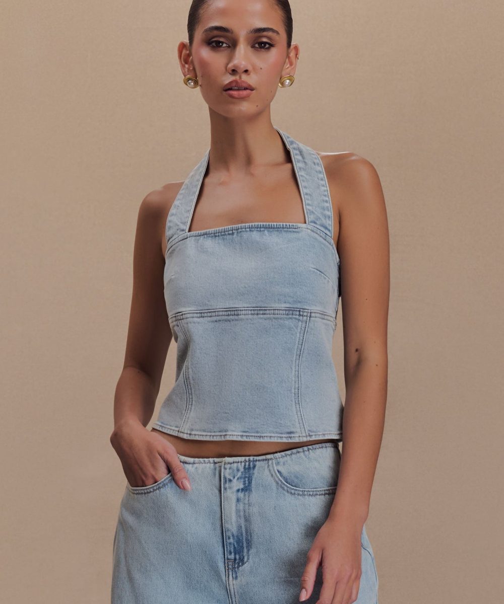Dayna Denim Halter Top - Light Blue