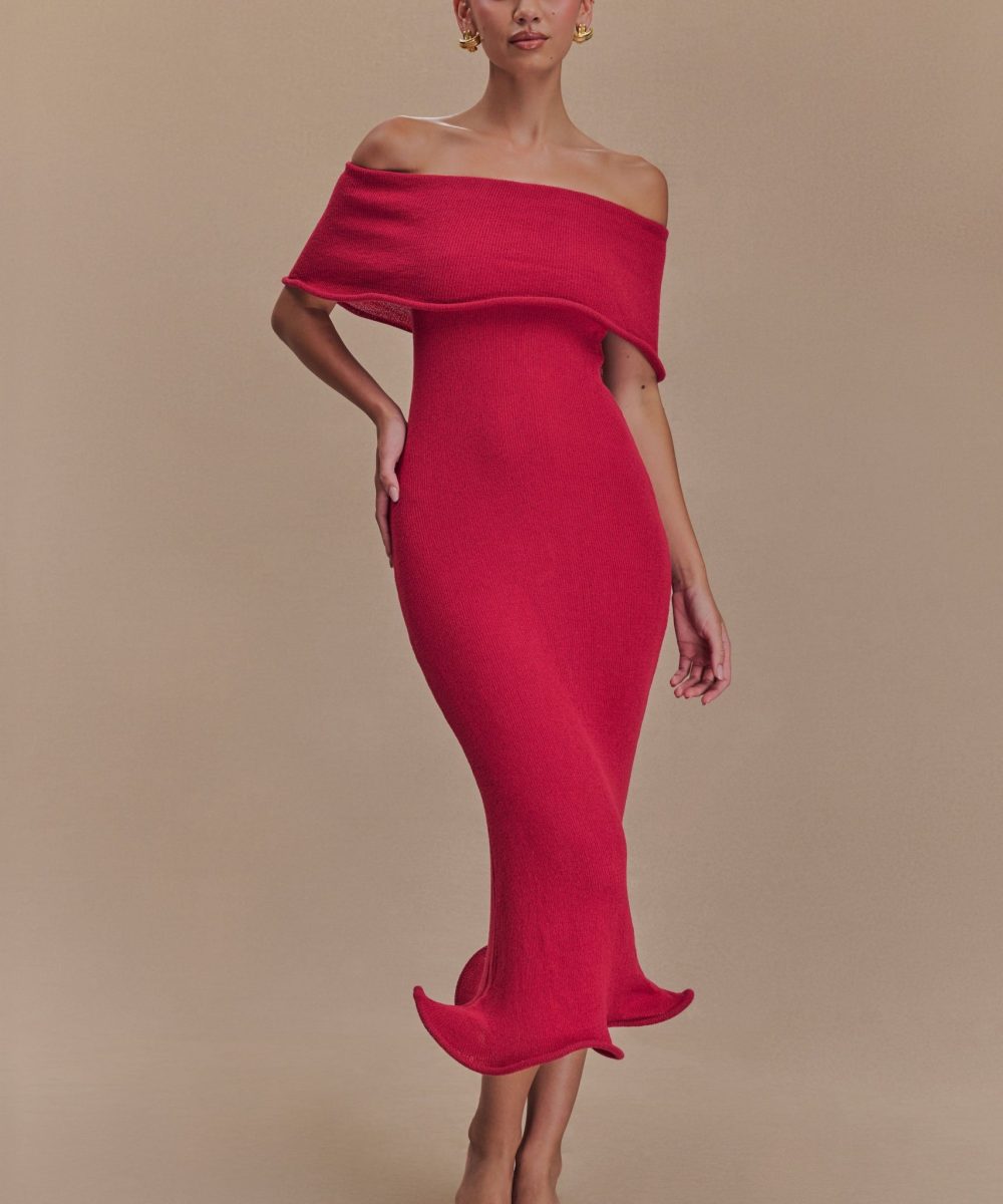 Molly Off Shoulder Knit Midi Dress - Raspberry