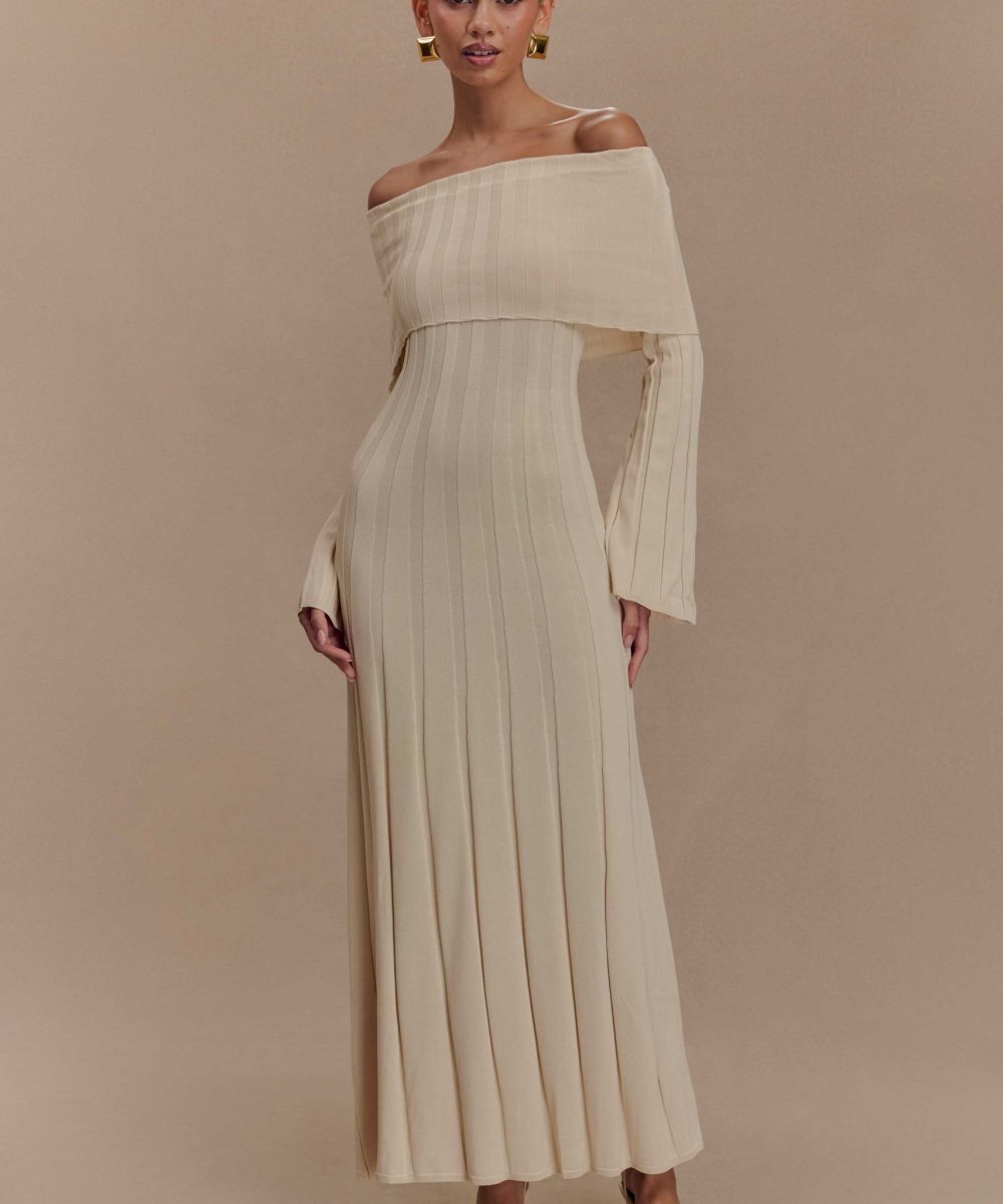 Alonza Long Sleeve Knit Midi Dress - Cream