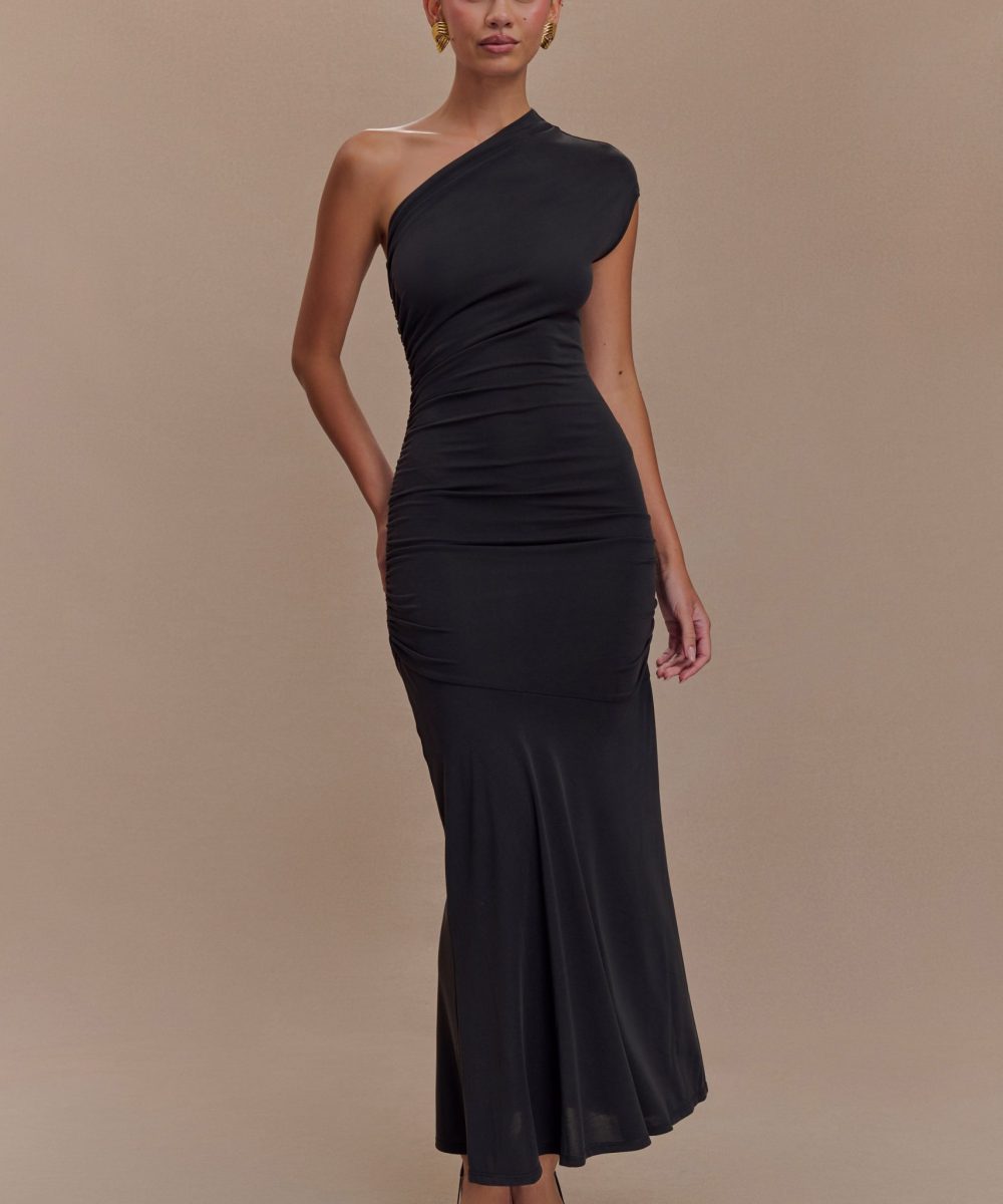 Chloe Peached Jersey One Shoulder Midi Dress - Black