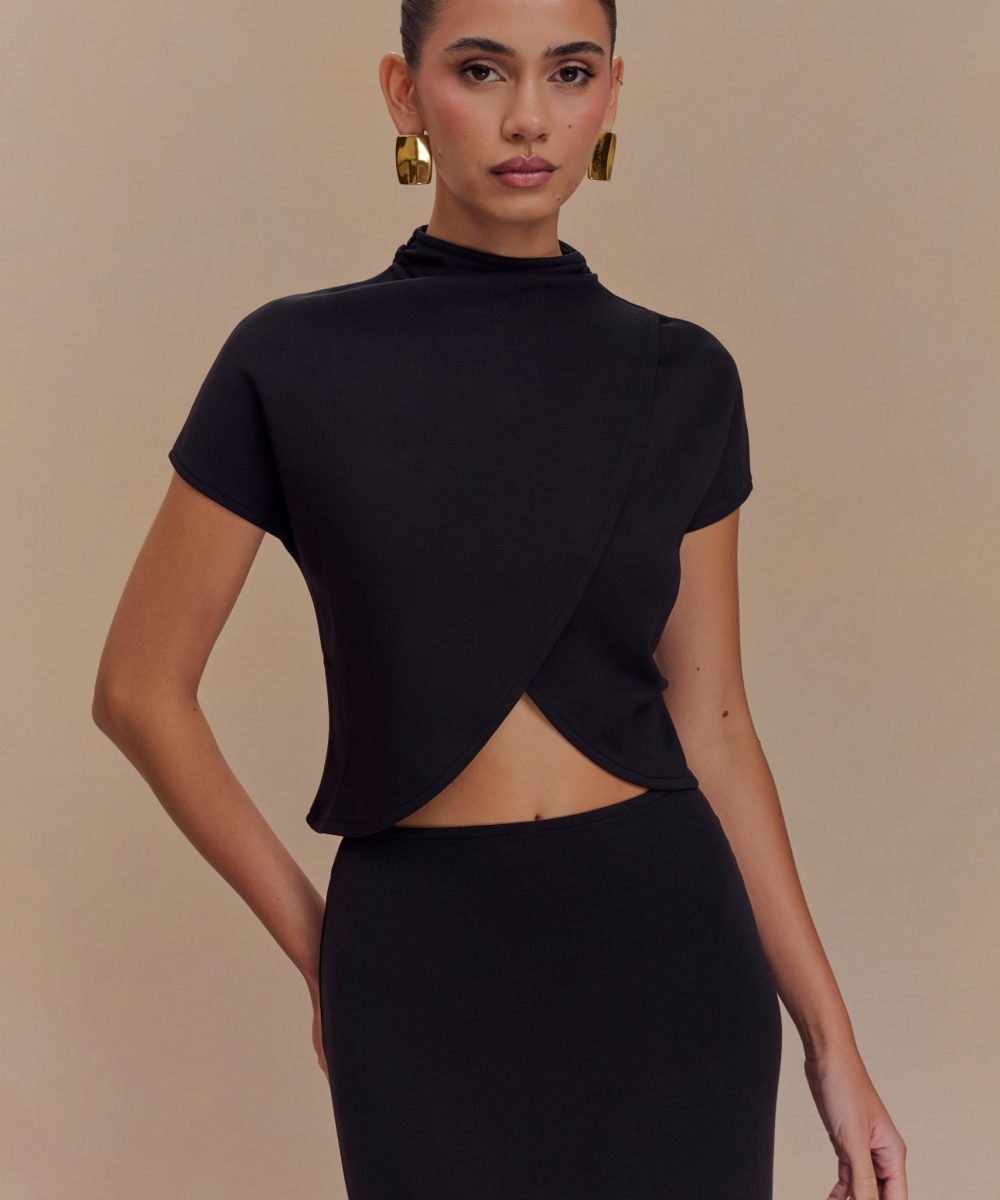 Eris High Neck Scuba Jersey Top - Black