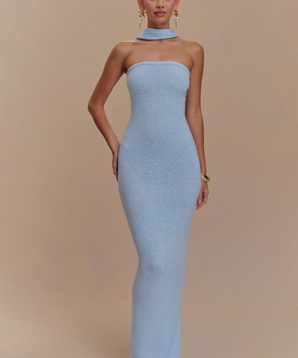 Andrea Strapless Knit Maxi Dress - Light Blue