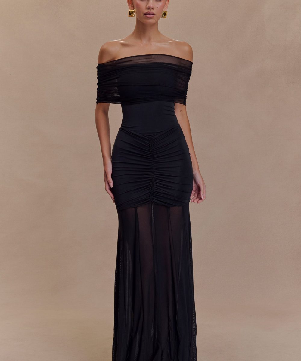 Caspian Slinky And Mesh Off Shoulder Maxi Dress - Black