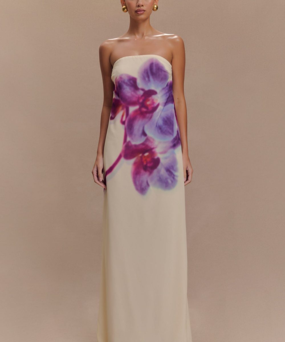 Amaya Strapless Chiffon Maxi Dress - Ivory Koi Orchid Print
