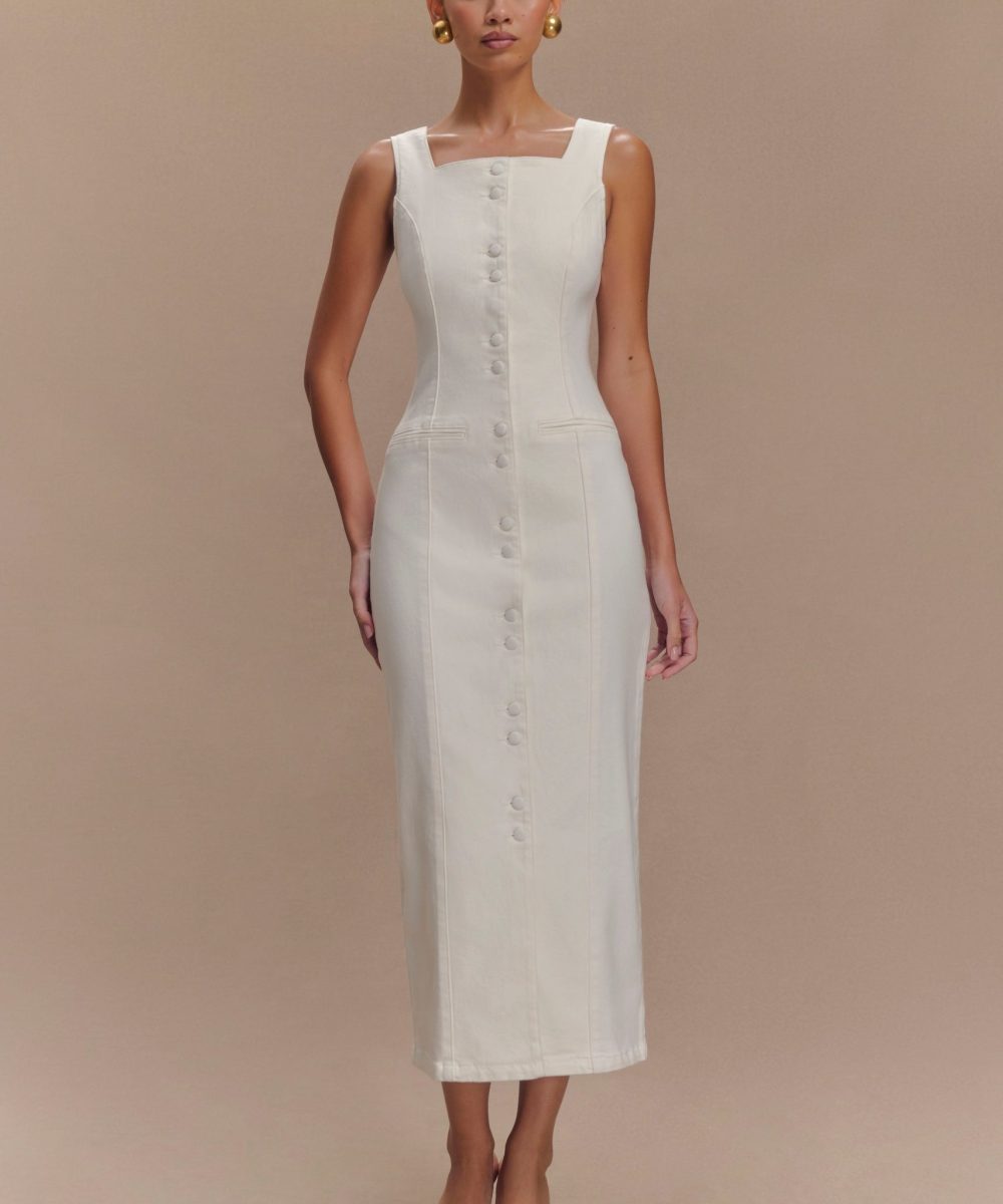 Reyna Denim Midi Dress - White
