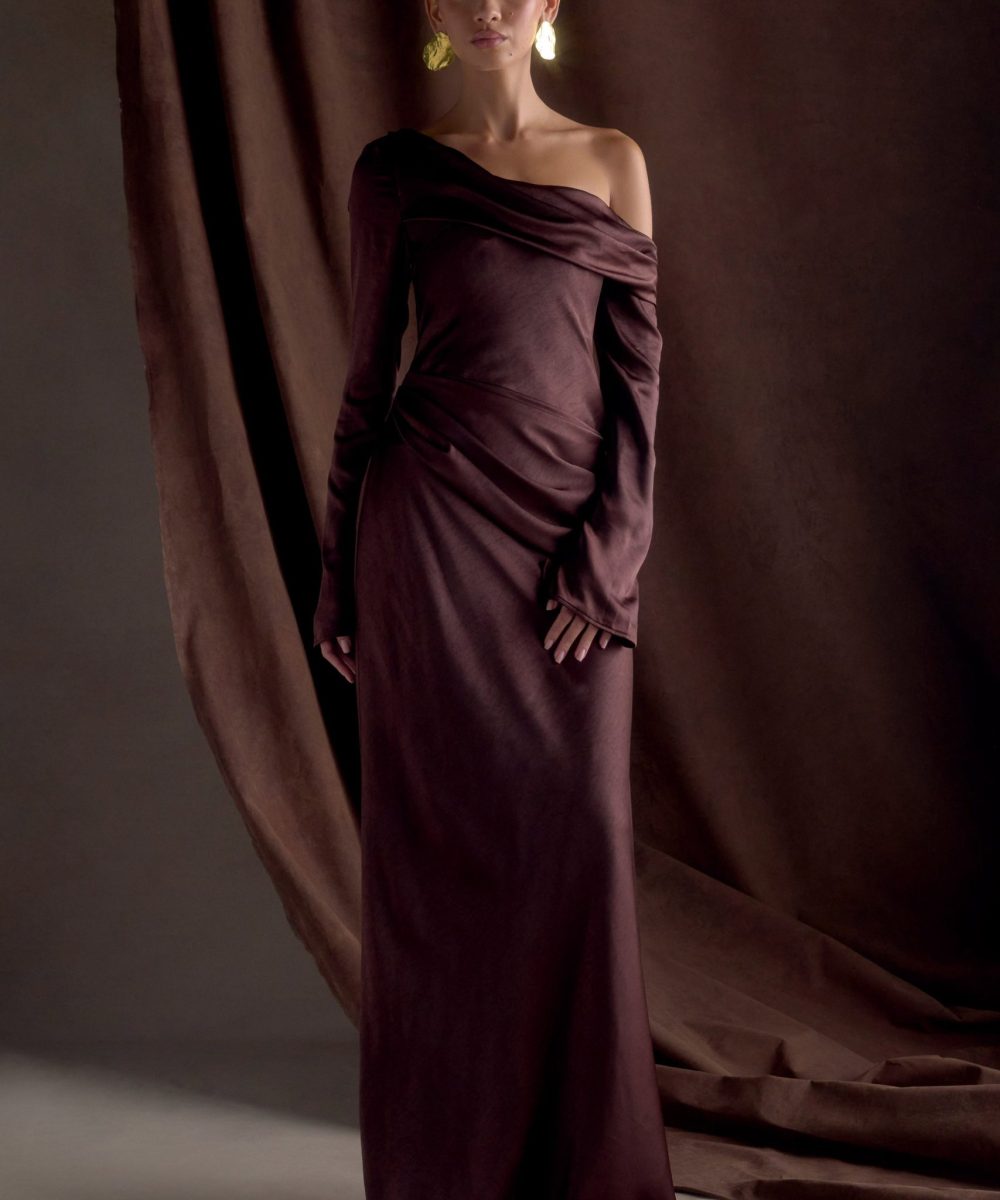 Iris Long Sleeve Satin Maxi Dress - Dark Chocolate