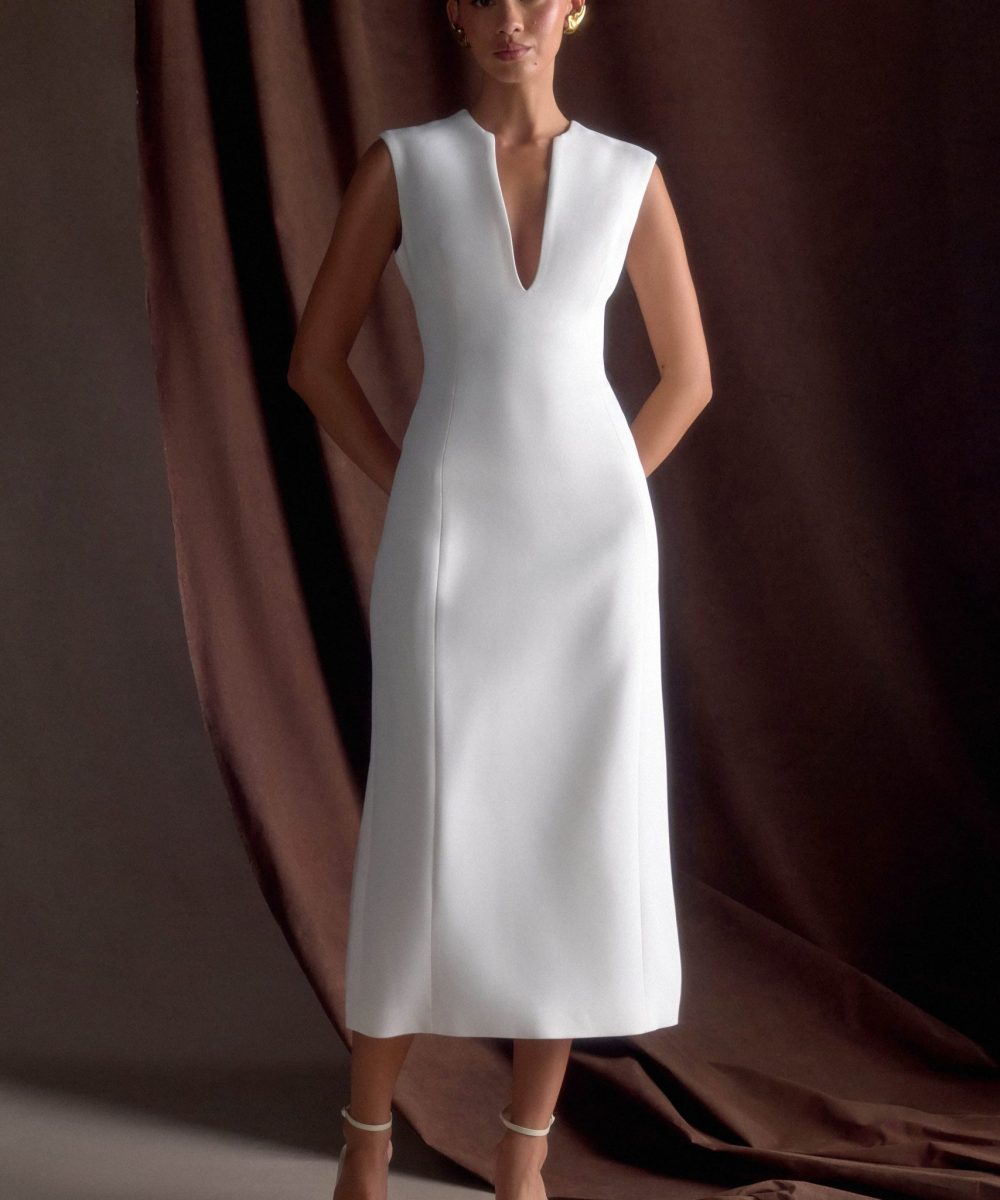 Audrine Suiting Sleeveless Midi Dress - Ivory