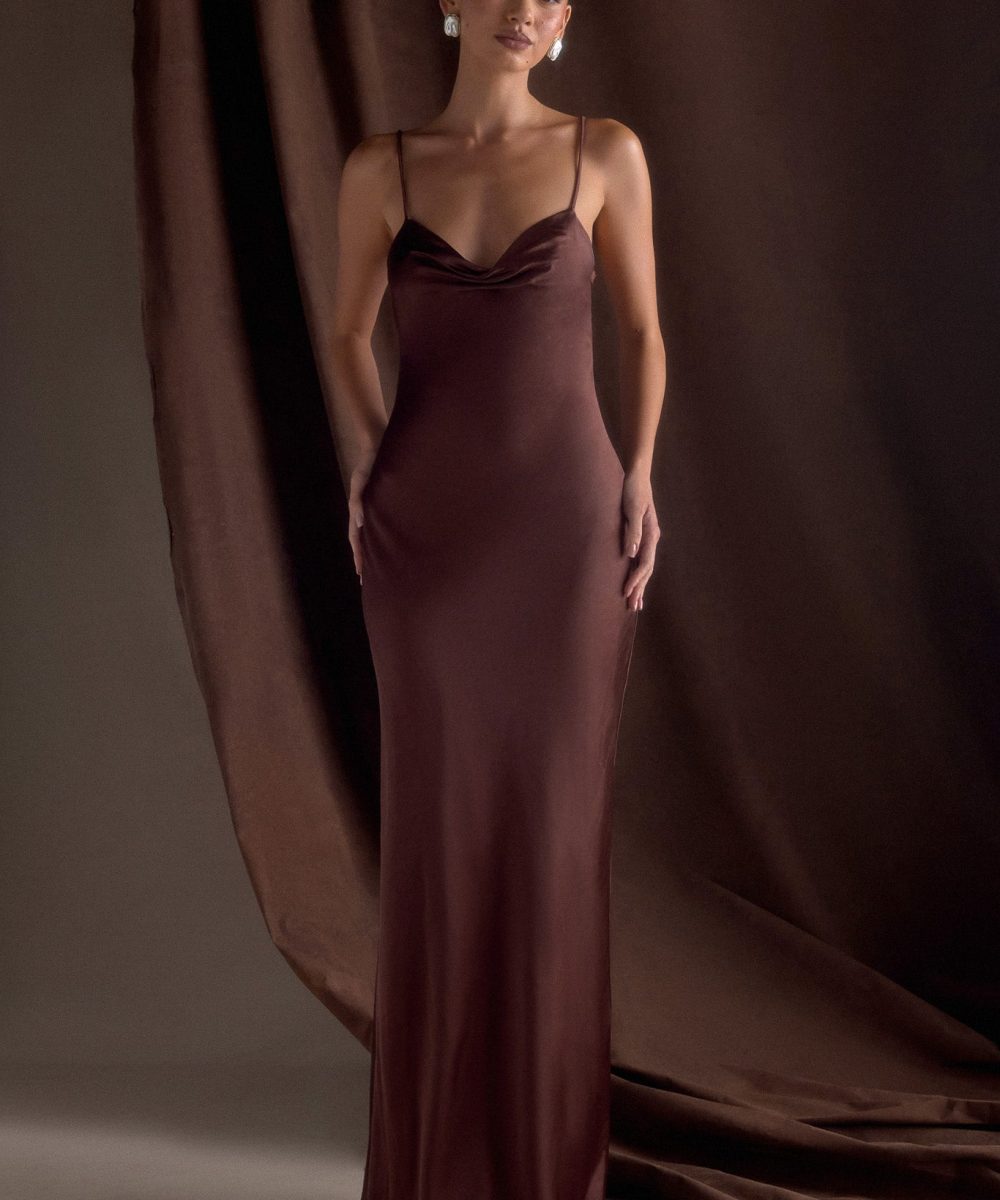 Lilly Sweetheart Satin Maxi Dress - Dark Chocolate