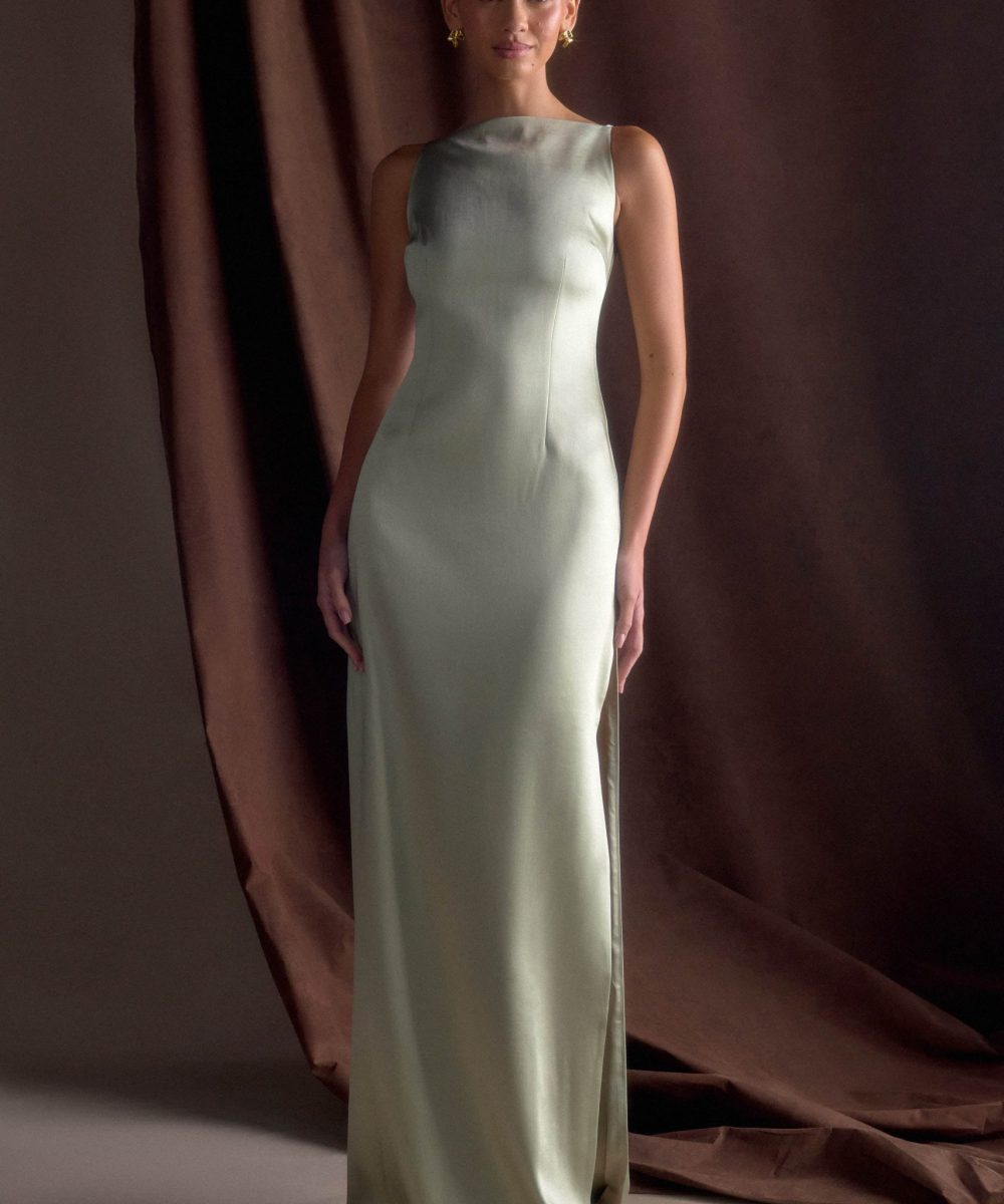 Violet Sleeveless Satin Maxi Dress - Sage