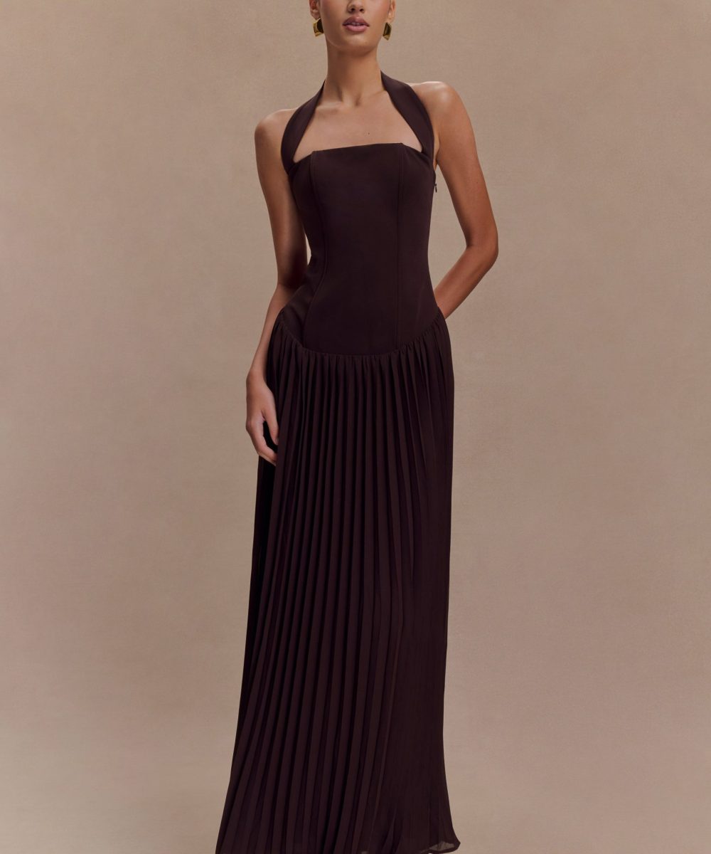 Stacie Pleated Halter Maxi Dress - Cacao