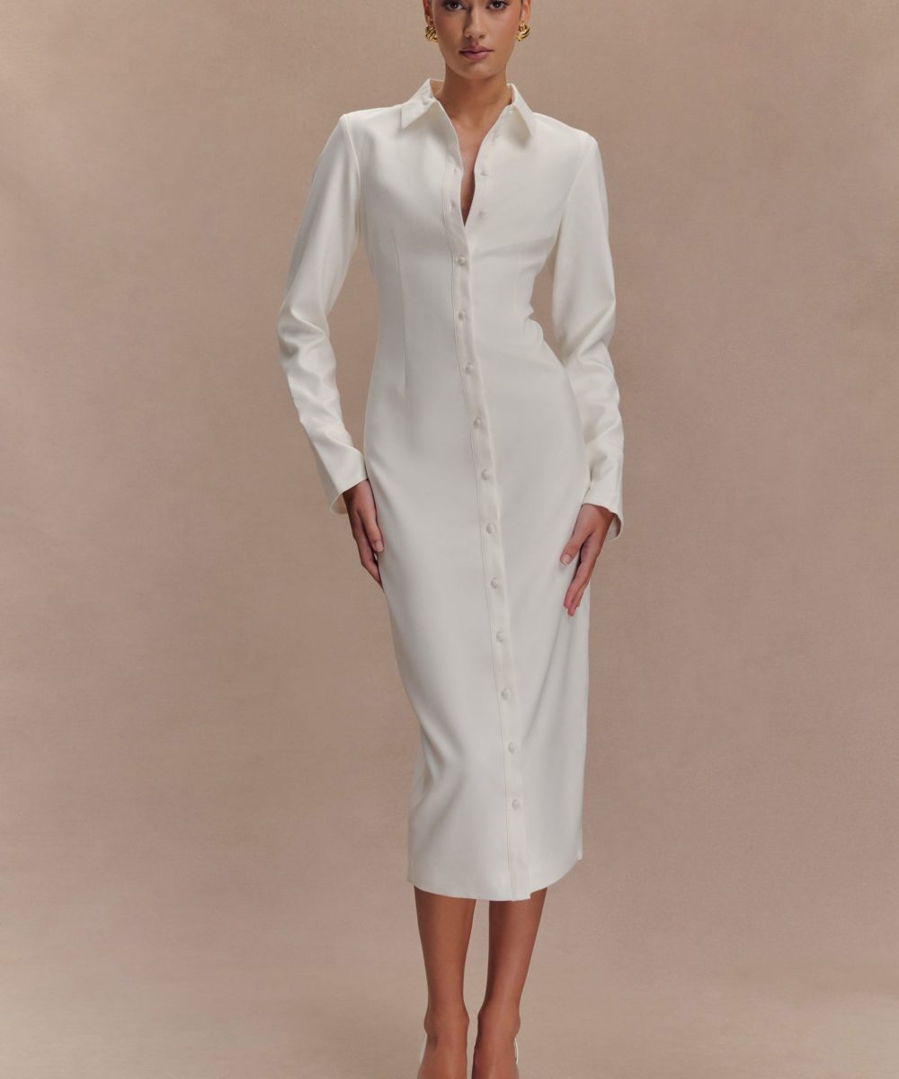 Dorian Fitted Shirt Midi Dress - White