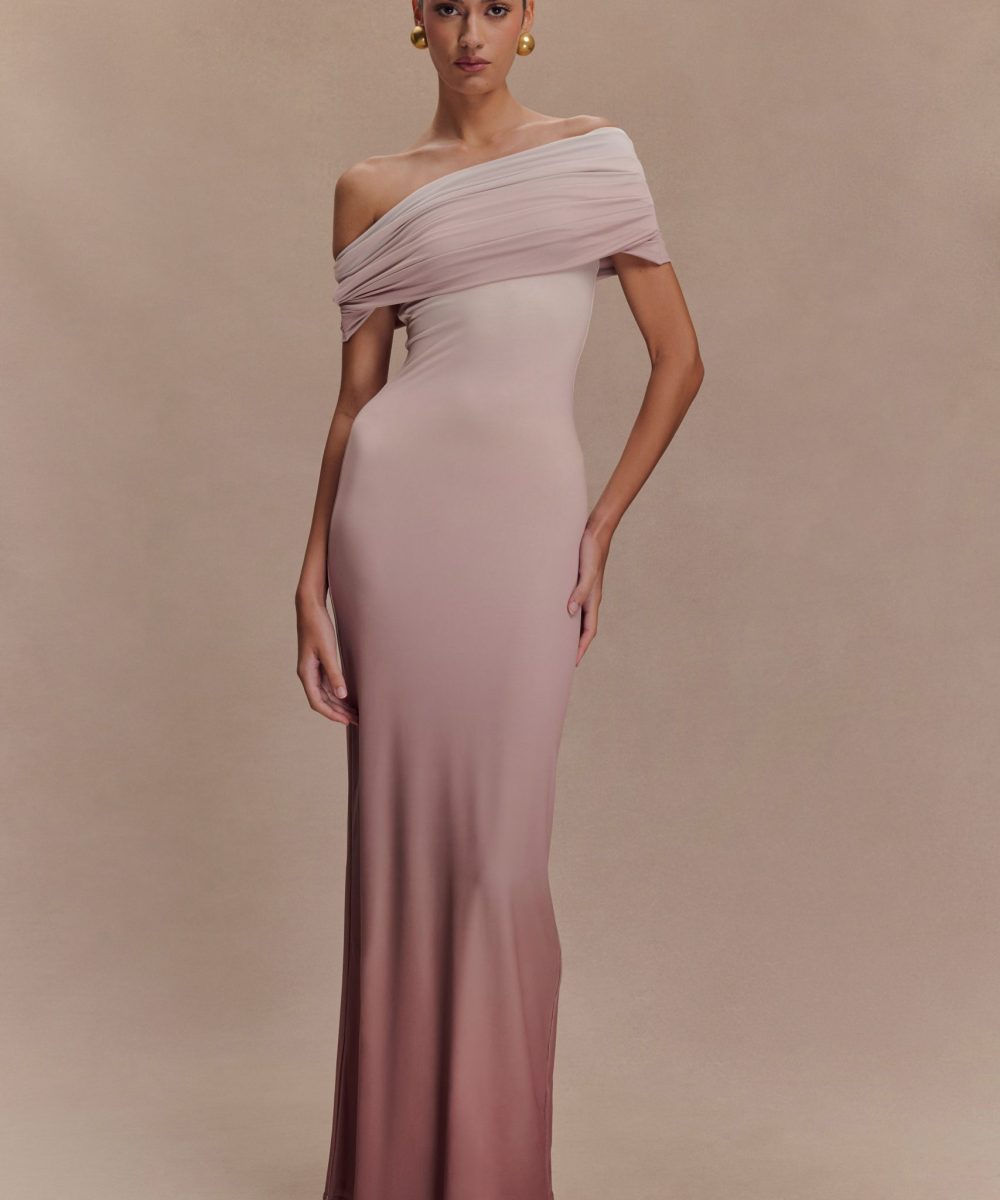 Cassandra Off Shoulder Slinky Maxi Dress - Neutral Ombre