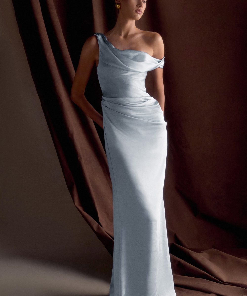 Dalia Off Shoulder Satin Maxi Dress - Frosted Blue