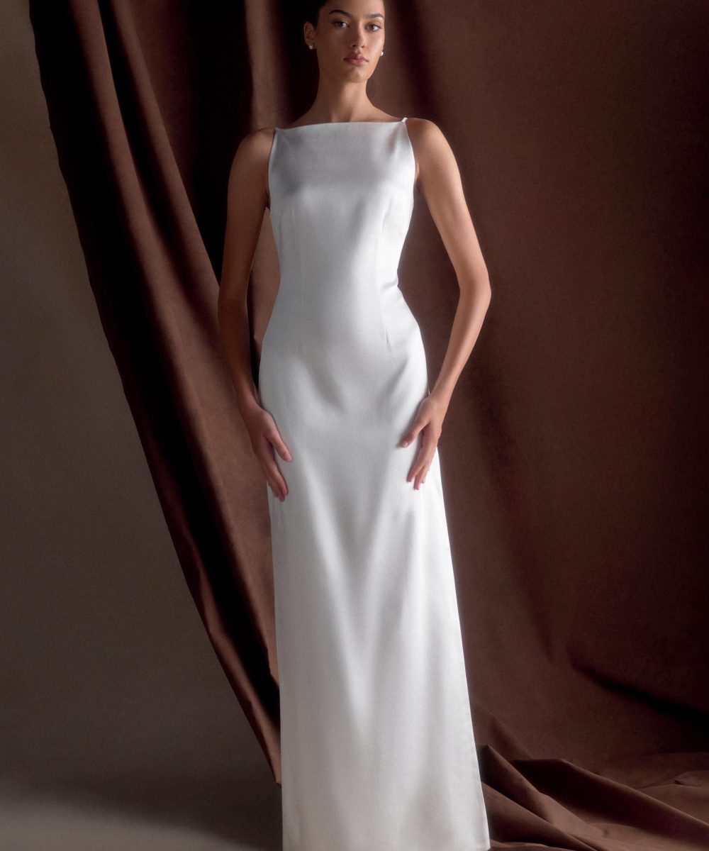 Violet Sleeveless Satin Maxi Dress - White
